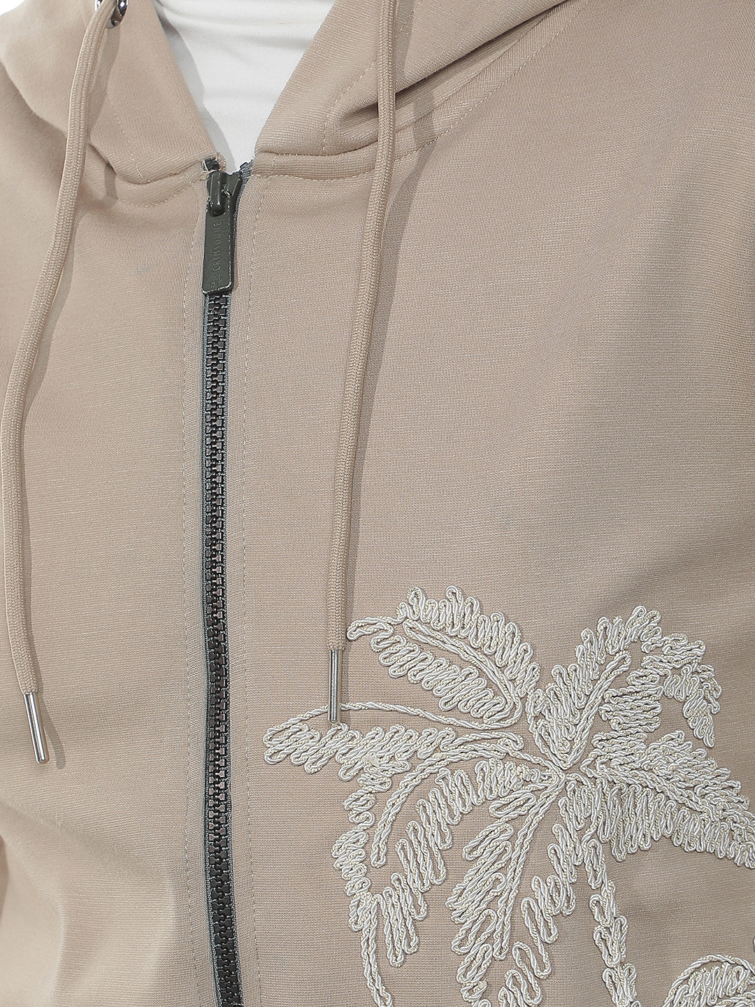 Beige Embroidered Hooded Neck Sweatshirt