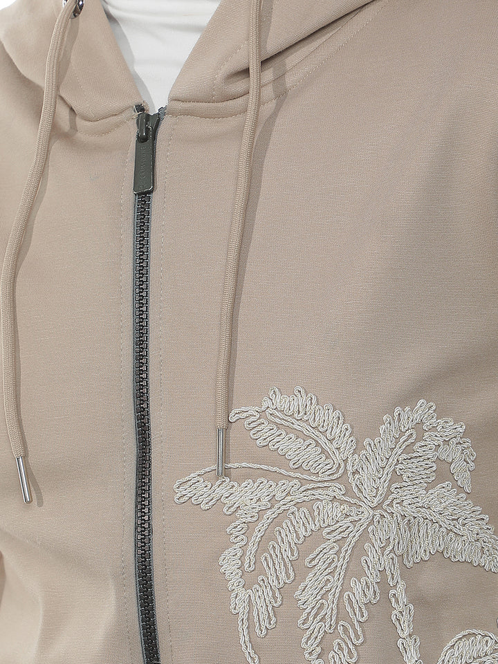 Beige Embroidered Hooded Neck Sweatshirt