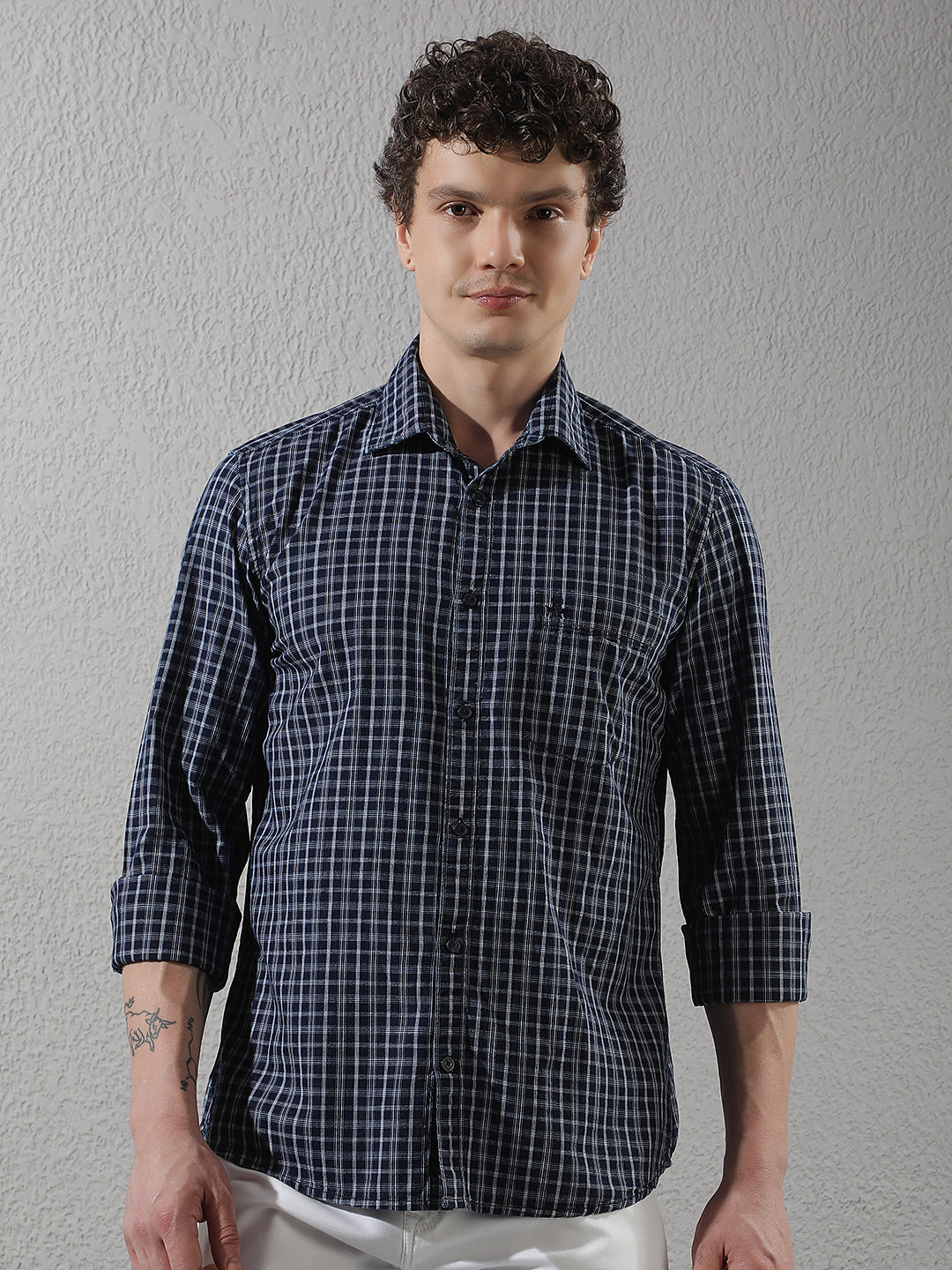 Navy Blue 100% Cotton Checked Shirt