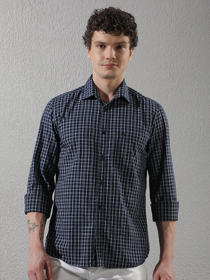 Navy Blue 100% Cotton Checked Shirt