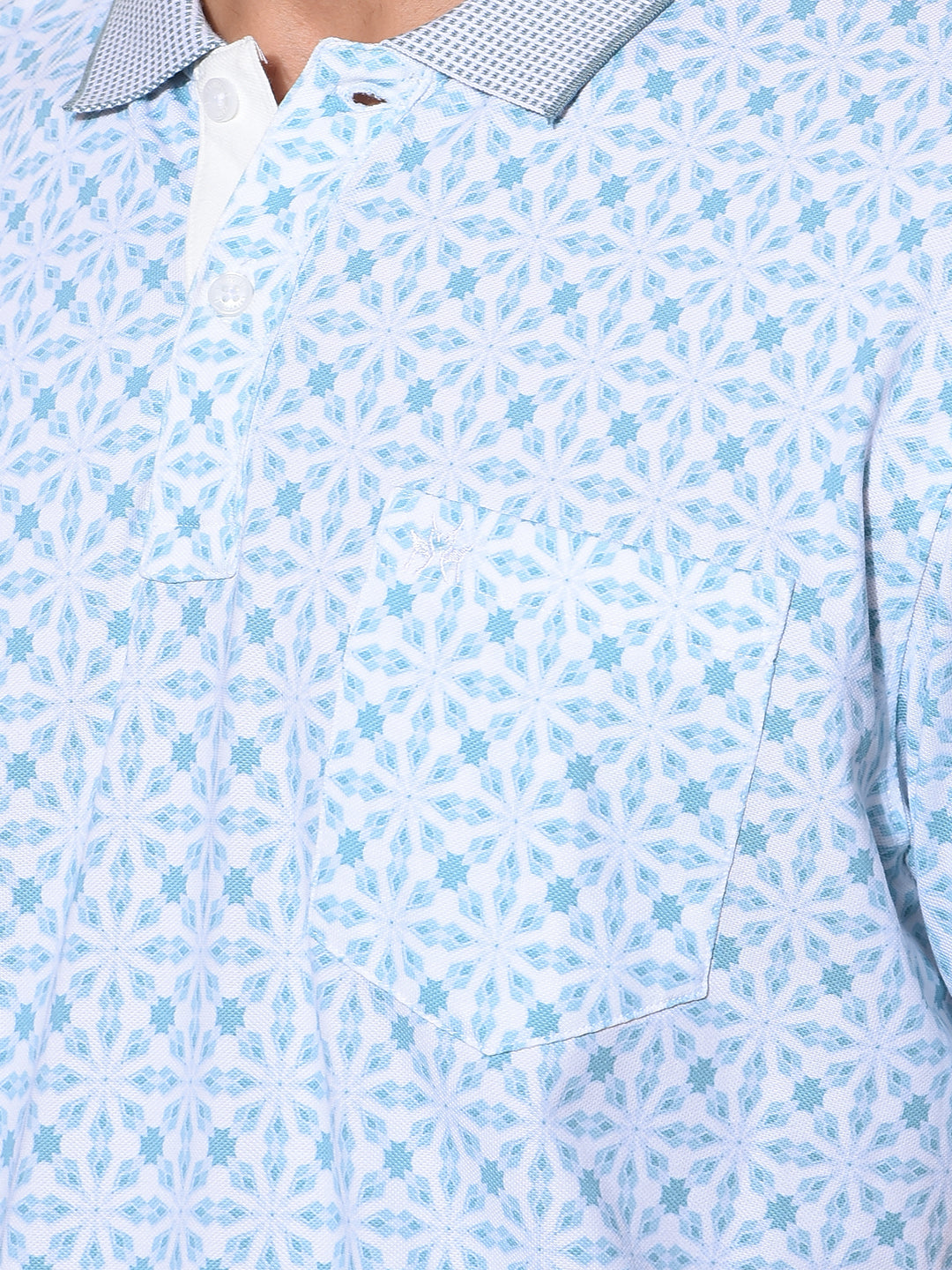 Blue Printed Polo-Neck T-Shirt