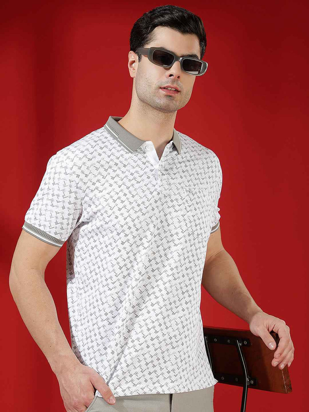 Grey Geometric Print Polo T-Shirt