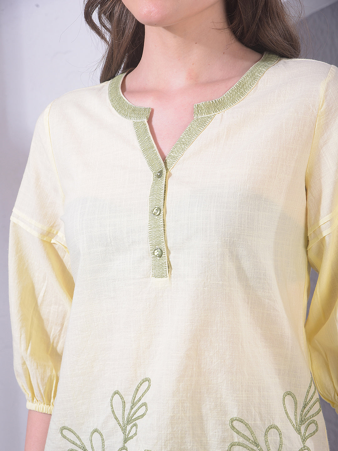 Yellow Embroidered V-Neck 100% Cotton Top