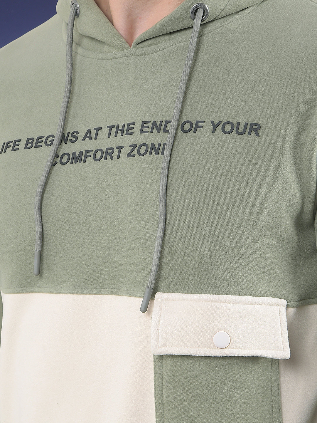Olive Colourblocked Hooded Sweatshirt With Slogan Printed