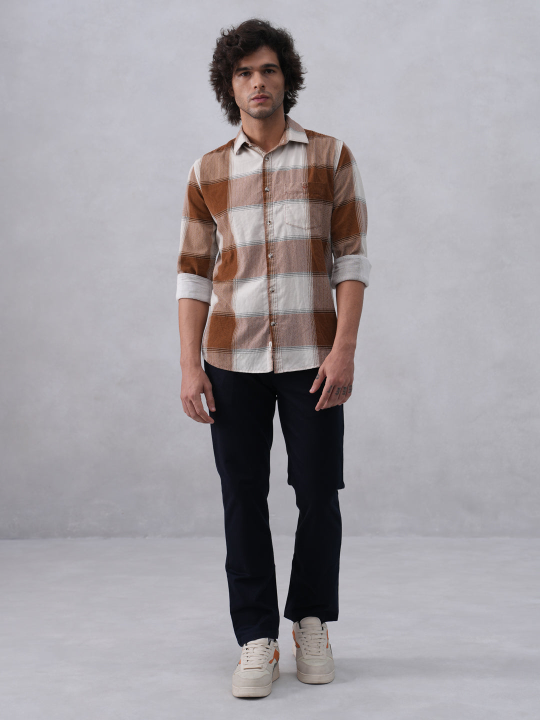 Brown Checked 100% Cotton Corduroy Shirt