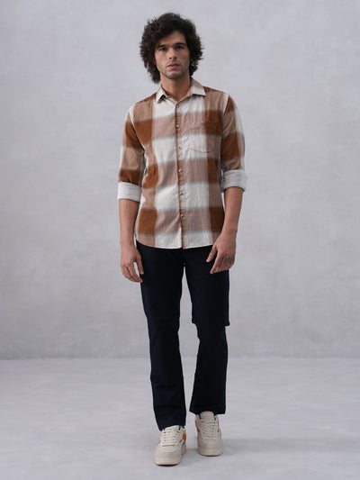 Brown Checked 100% Cotton Corduroy Shirt