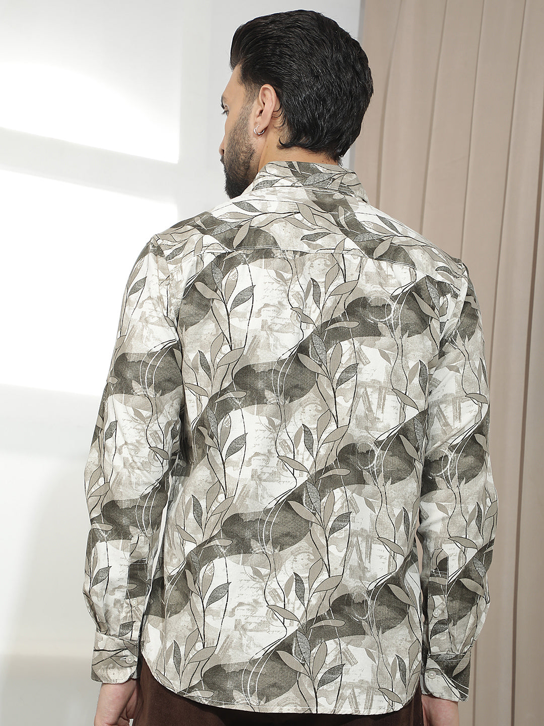 Brown 100% Cotton Botanical Printed Corduroy Shirt