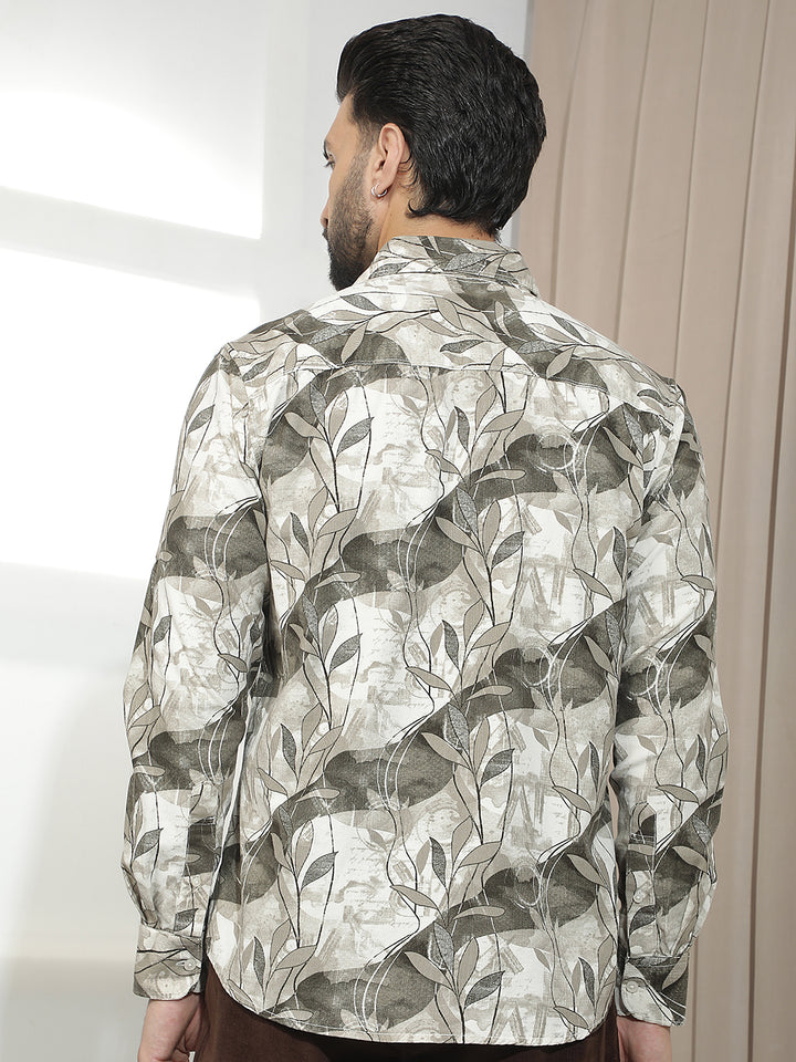 Brown 100% Cotton Botanical Printed Corduroy Shirt