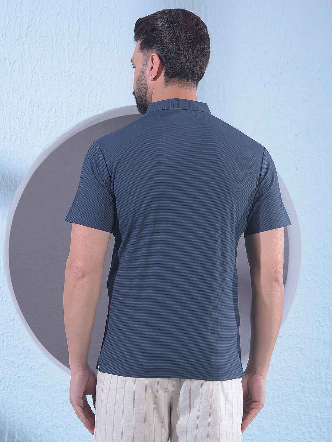 Navy Blue Checked Polo Neck T-Shirt