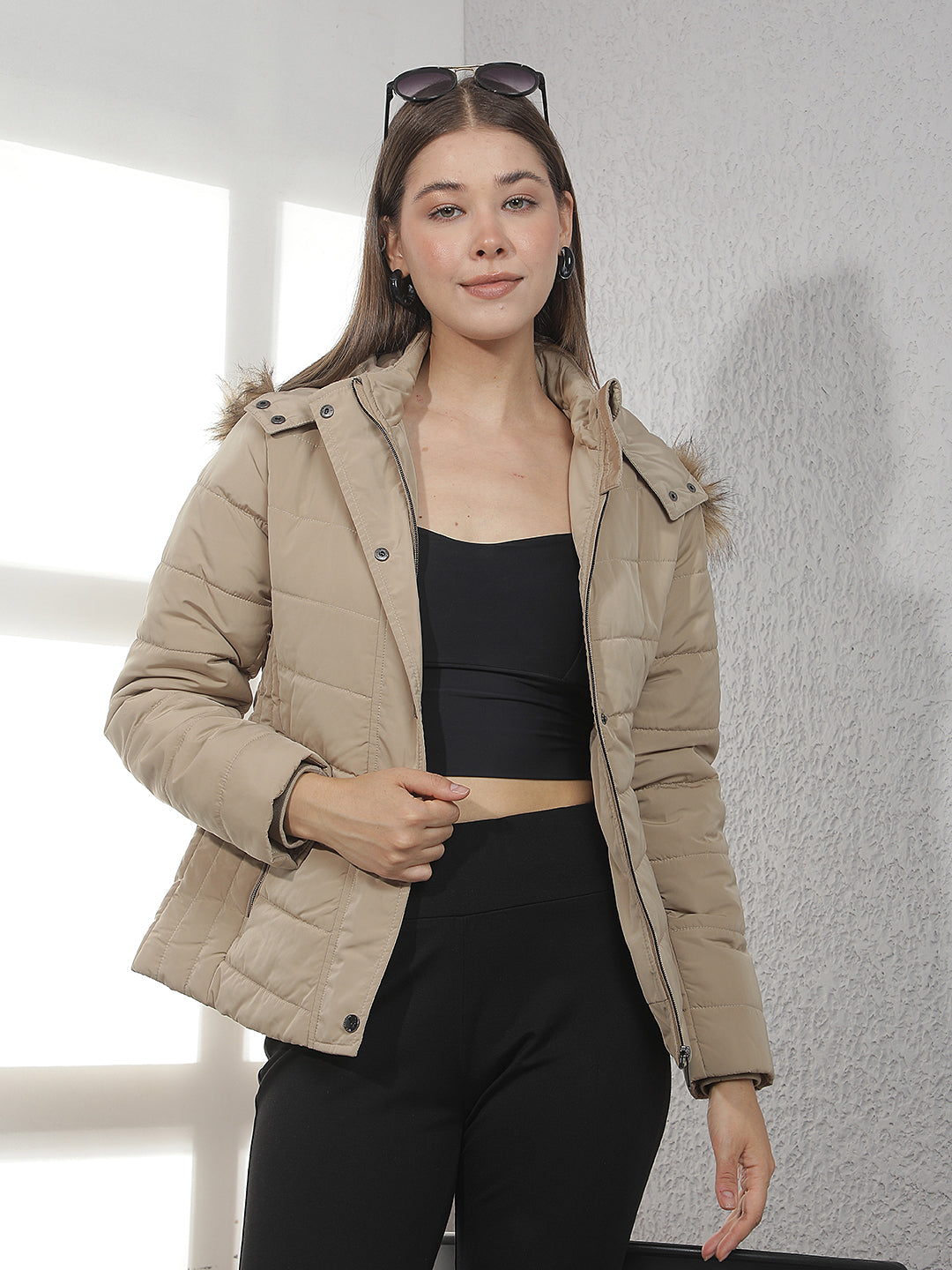 Beige Fur-Trim Hooded Puffer Jacket