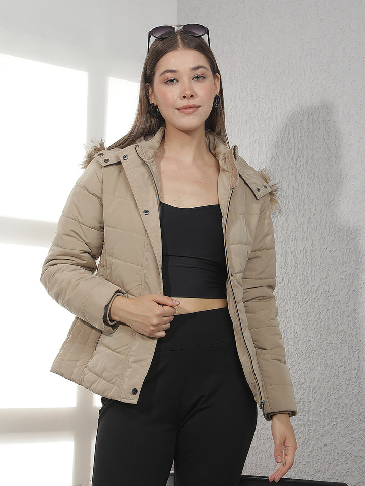 Beige Fur-Trim Hooded Puffer Jacket