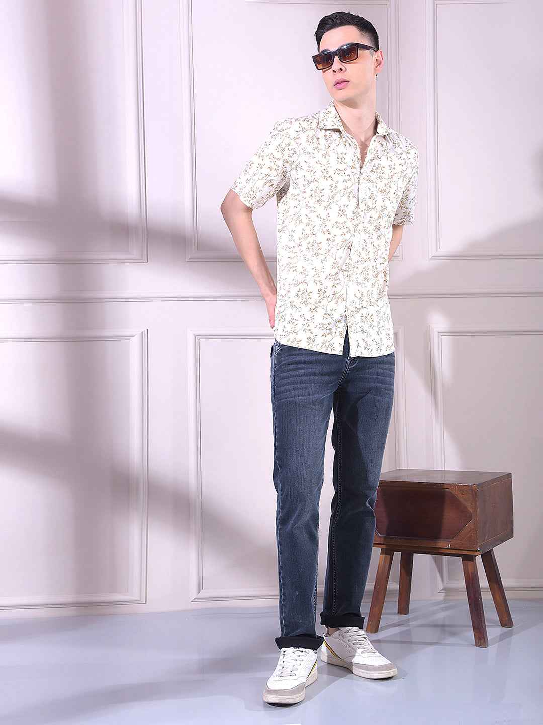 Brown Linen Floral Print Shirt