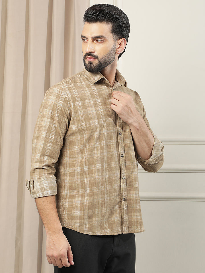 Brown Checked 100% Cotton Corduroy Shirt