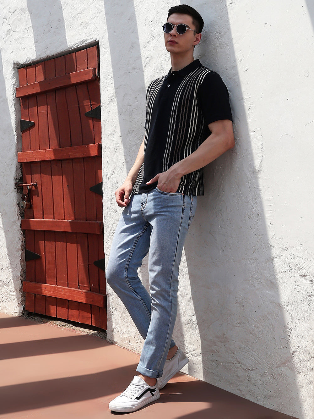 Navy Blue Vertical Striped Polo Neck T-Shirt