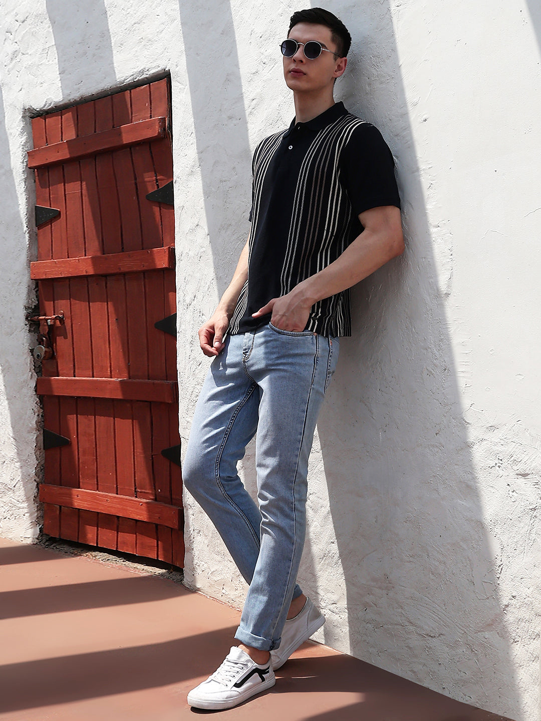 Navy Blue Vertical Striped Polo Neck T-Shirt