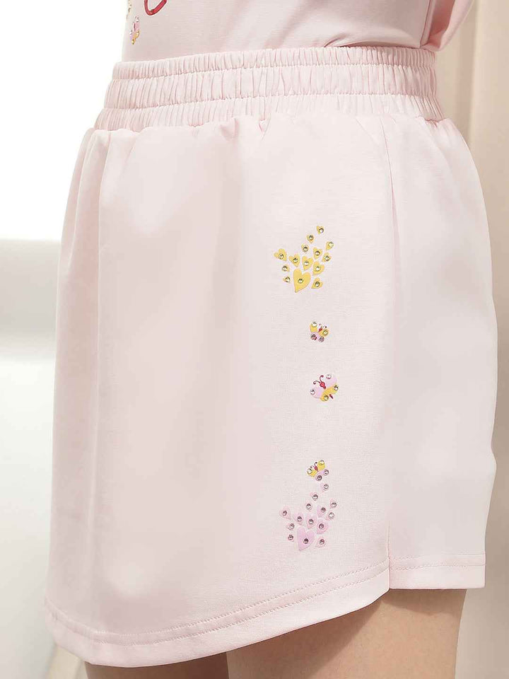 Pink Embellished Mid-Thigh Length Skorts