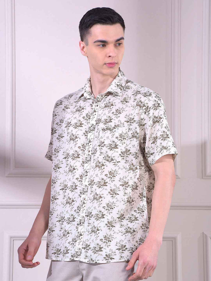 Beige Linen Floral Print Shirt