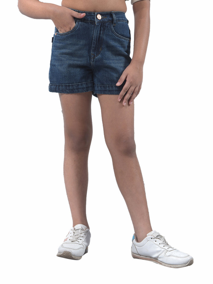 Blue 100% Cotton High-Waist Hot Pants