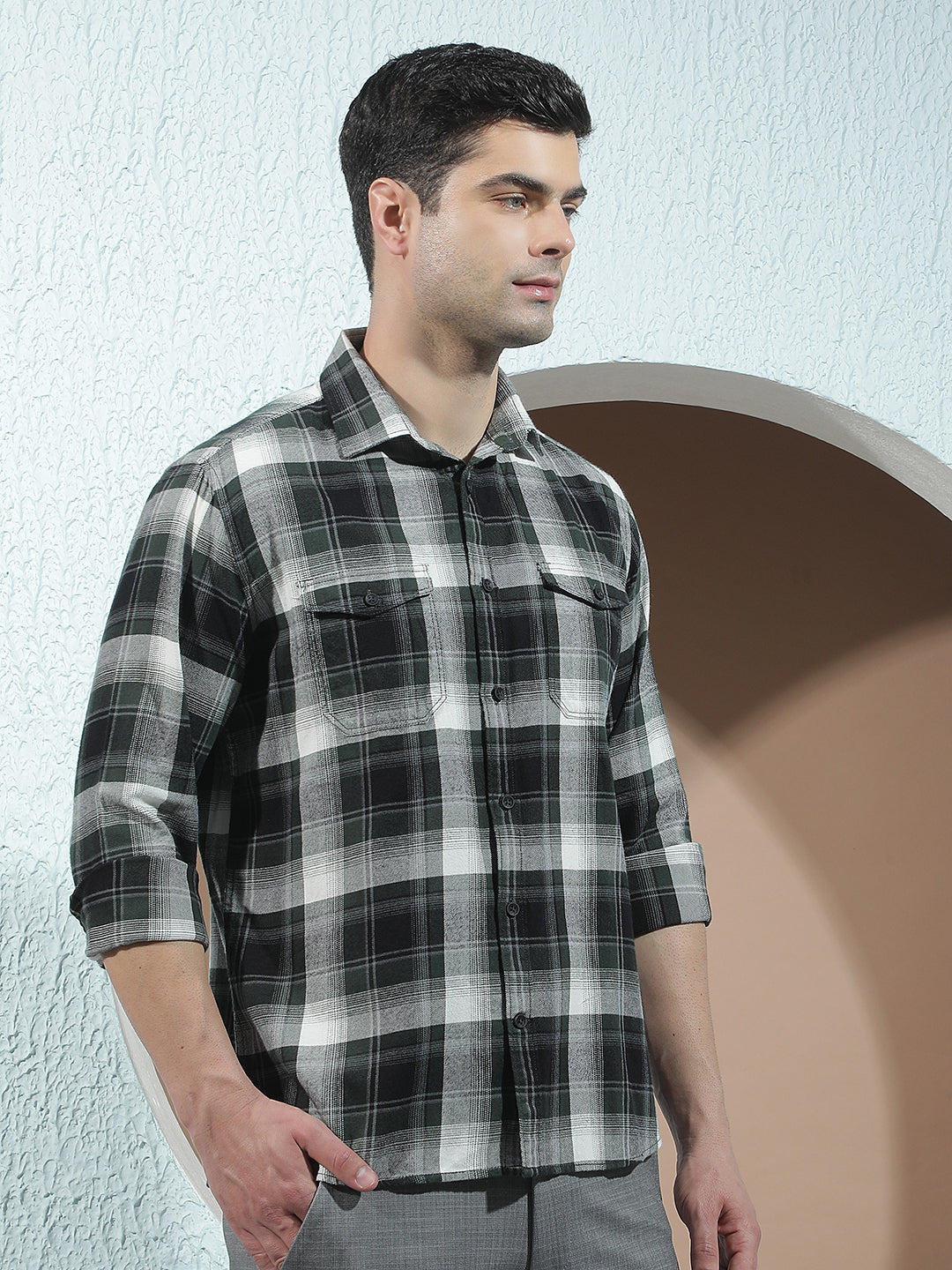 Green Checked 100% Cotton Double Pocket Shirt