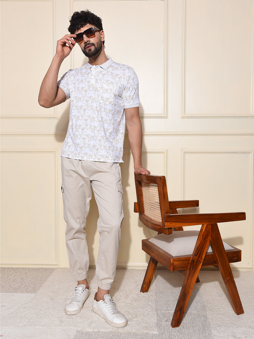 Olive Floral Print Polo-Neck T-Shirt