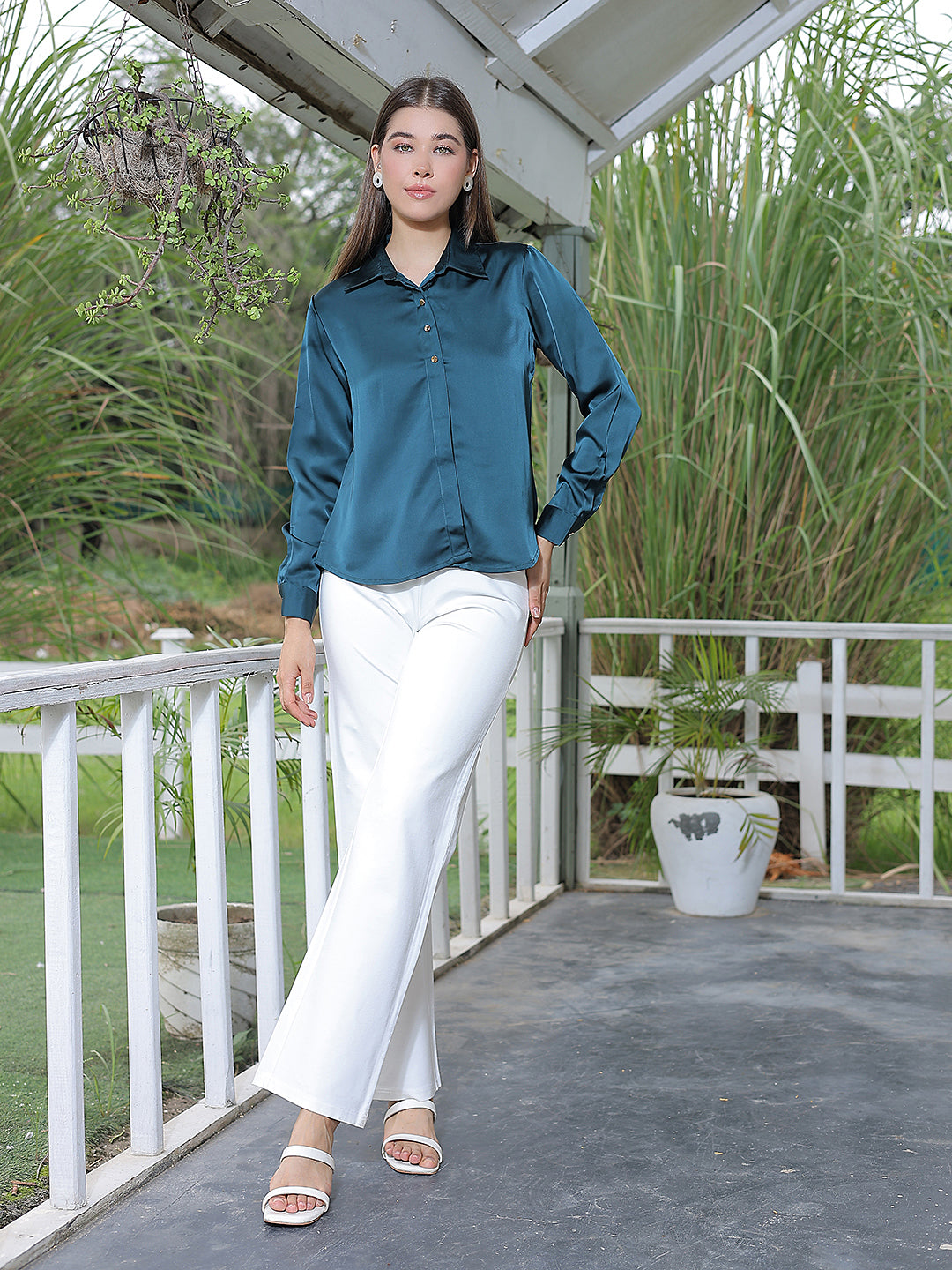 Structured Olive Green Satin Shirt