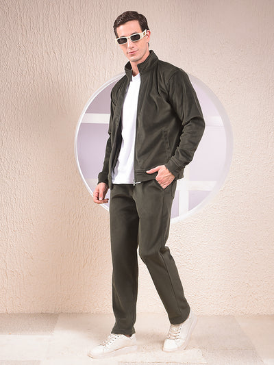 Green Knitted Trackpants With Button & Zip Closure
