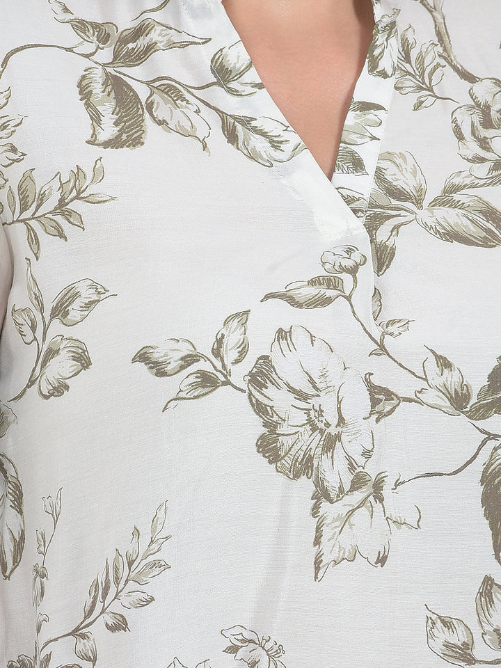 Green Floral Print V-Neck Top