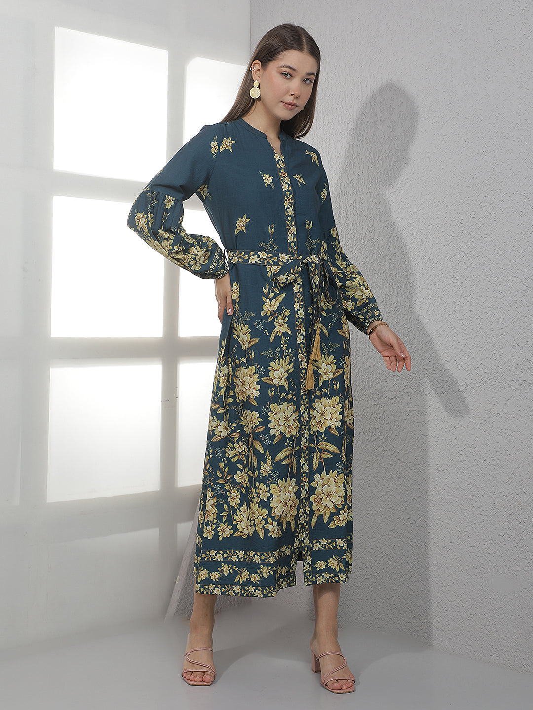 Blue Floral Print Midi Shirt Dress With Belt