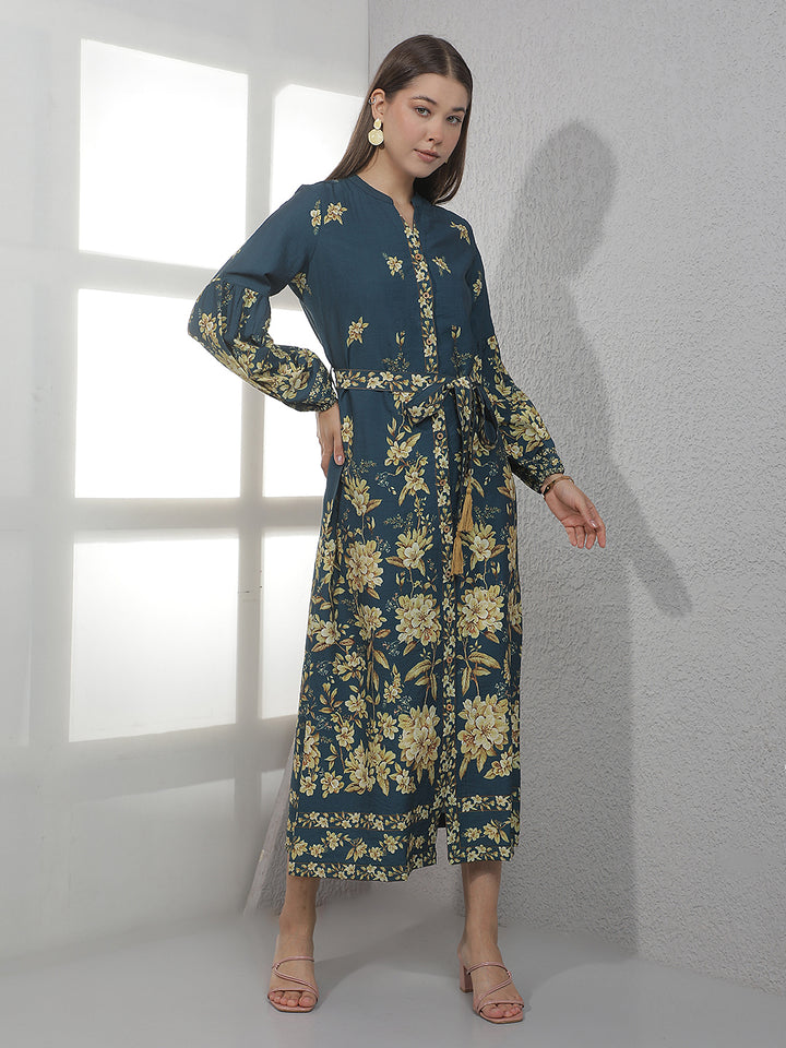 Blue Floral Print Midi Shirt Dress With Belt