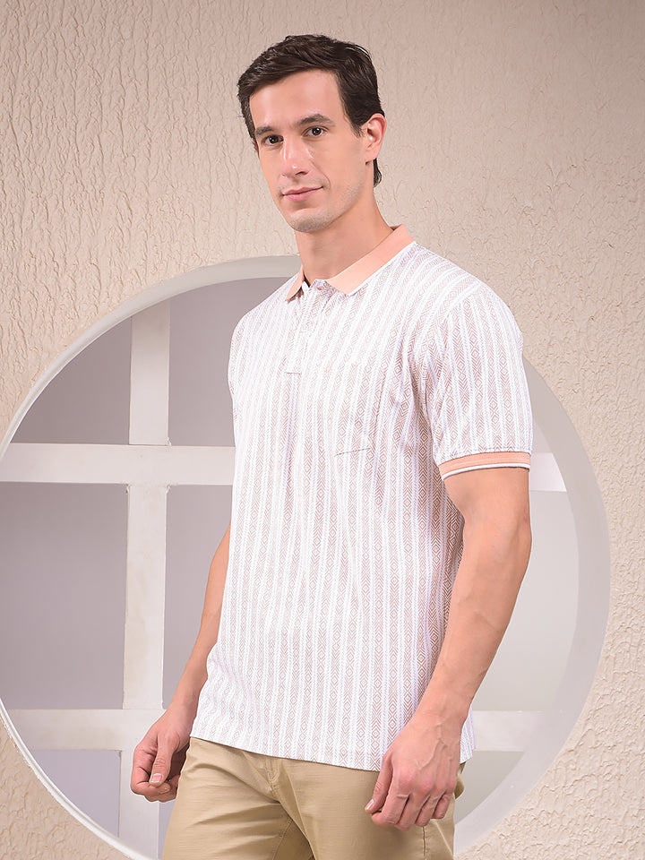 Peach Vertical Stripes Polo Neck T-Shirt