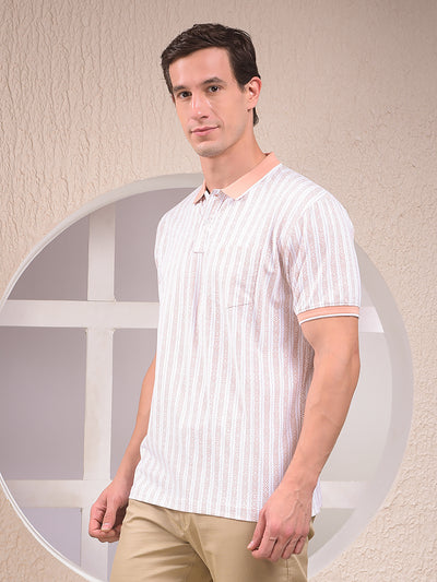 Peach Vertical Stripes Polo Neck T-Shirt