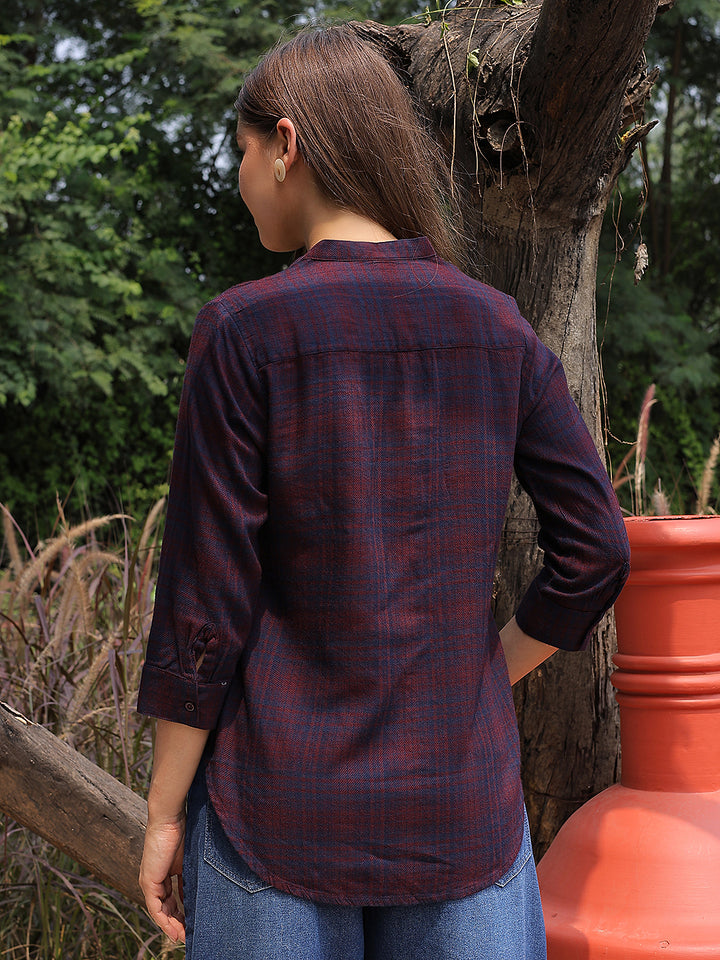 Maroon Checked V-Neck Shirt