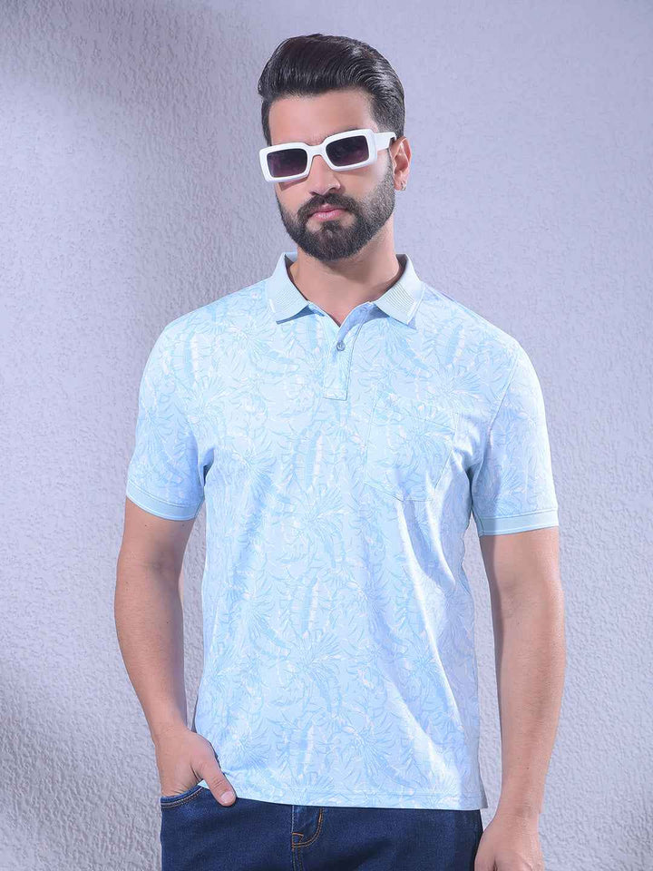 Blue Floral Print Polo Neck T-Shirt