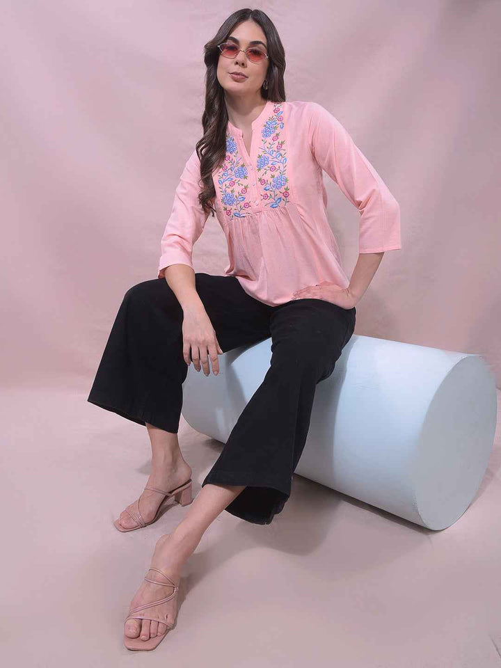 Pink Floral Embroidered V-Neck Top