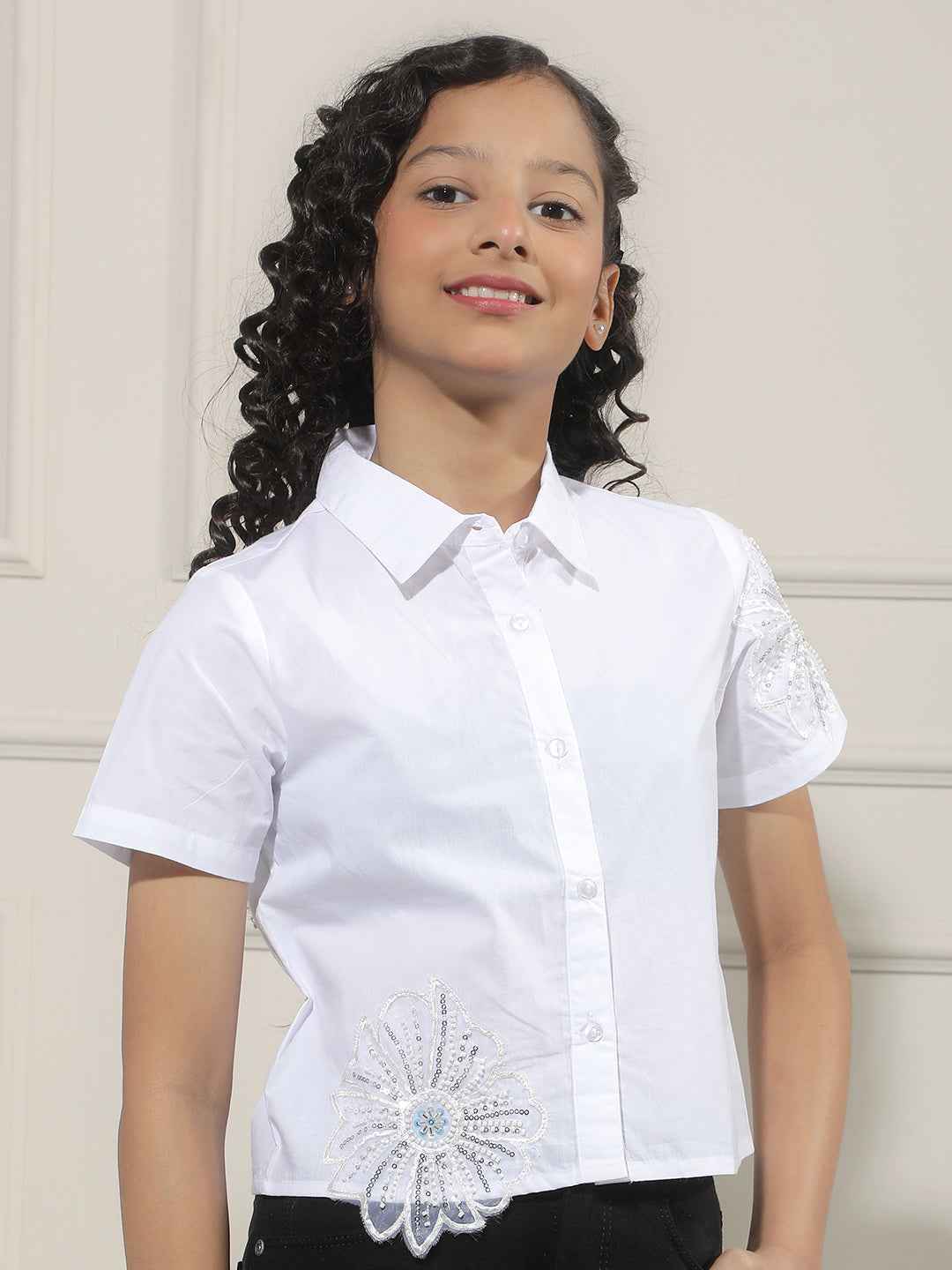 White Embroidered Cropped 100% Cotton Shirt