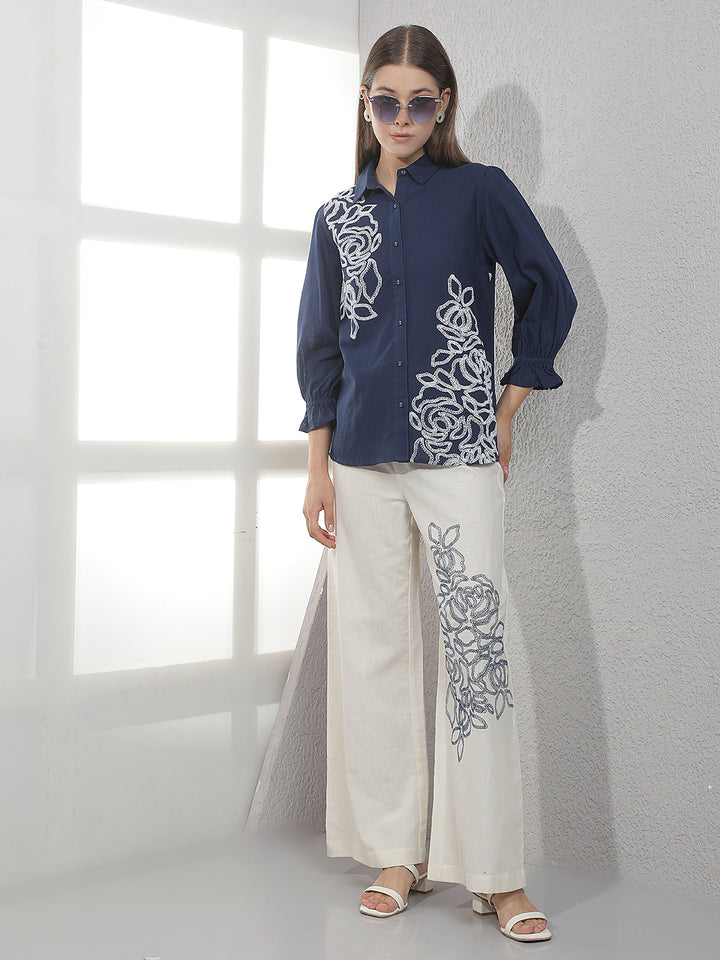 Off White Embroidered Casual Trousers