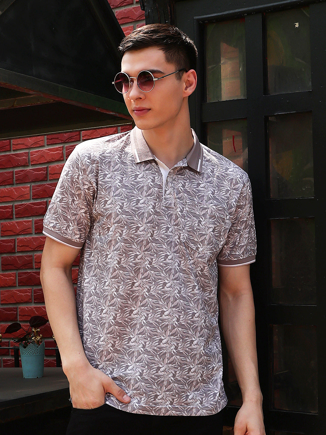 Purple Botanical Print Polo Neck T-Shirt