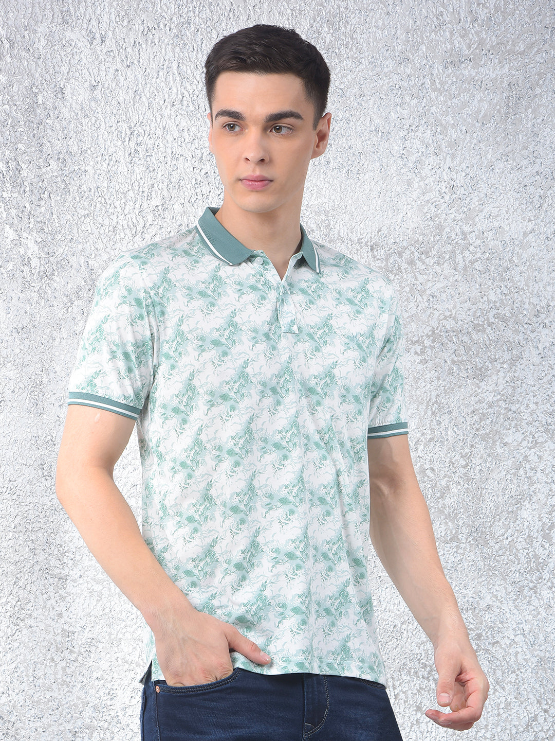 Green Floral Print Polo Neck T-Shirt