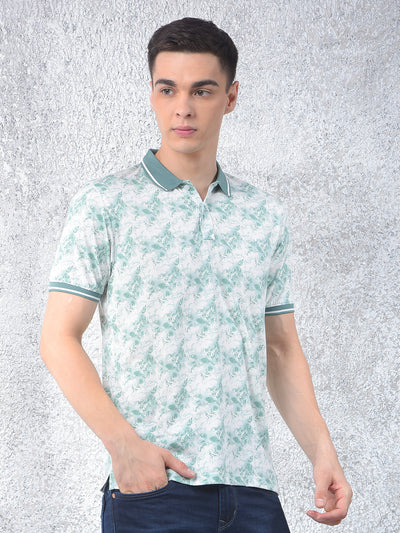 Green Floral Print Polo Neck T-Shirt