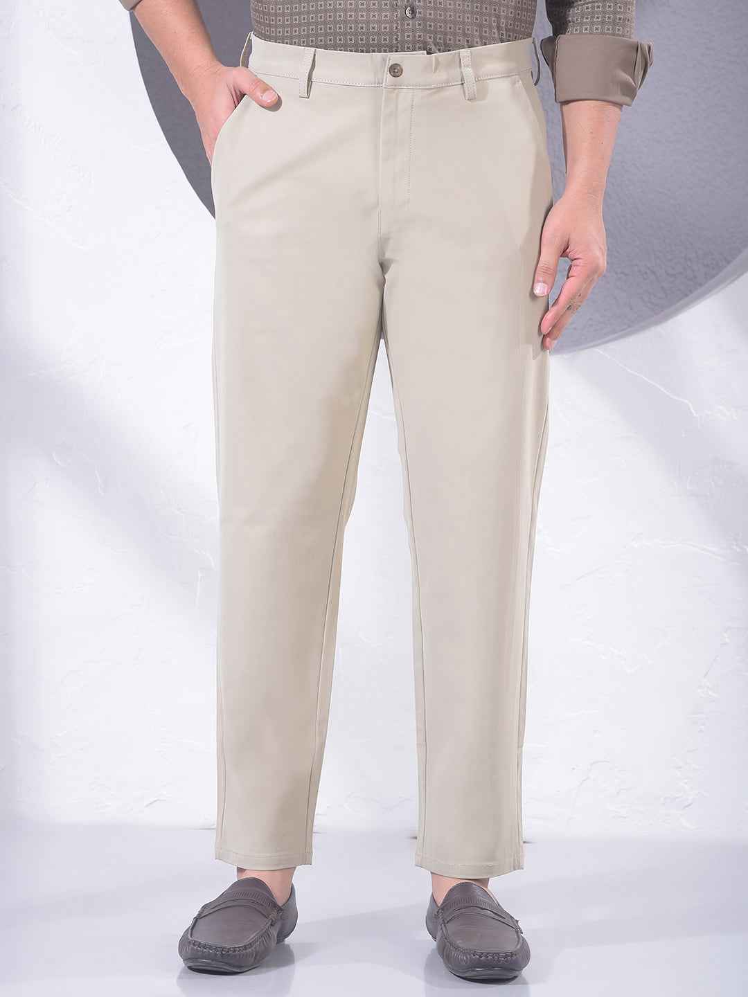 Beige Textured Knit Trousers