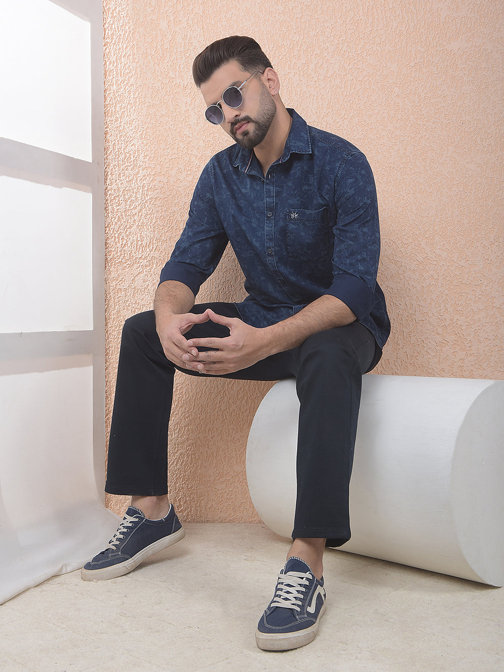 Navy Blue Printed 100% Cotton Shirt
