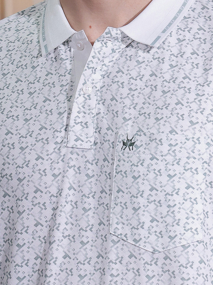 Grey Geometric Print Polo Neck T-Shirt