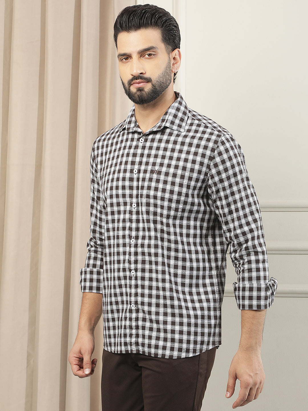 Brown Checked 100% Cotton Shirt