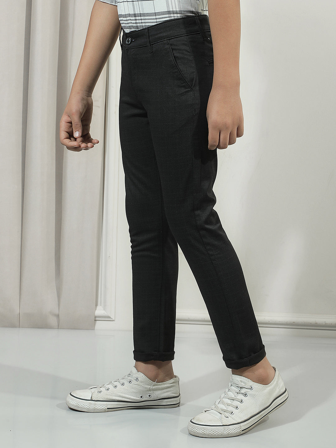 Black Cotton Checked Stretchable Trousers