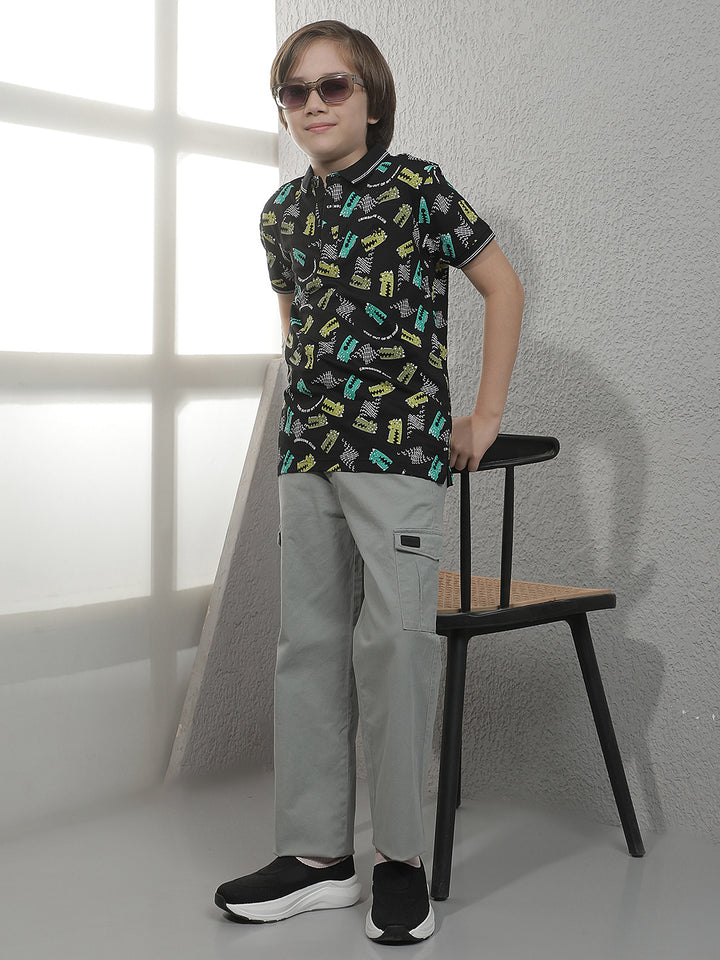 Black Abstract Print Polo T-Shirt