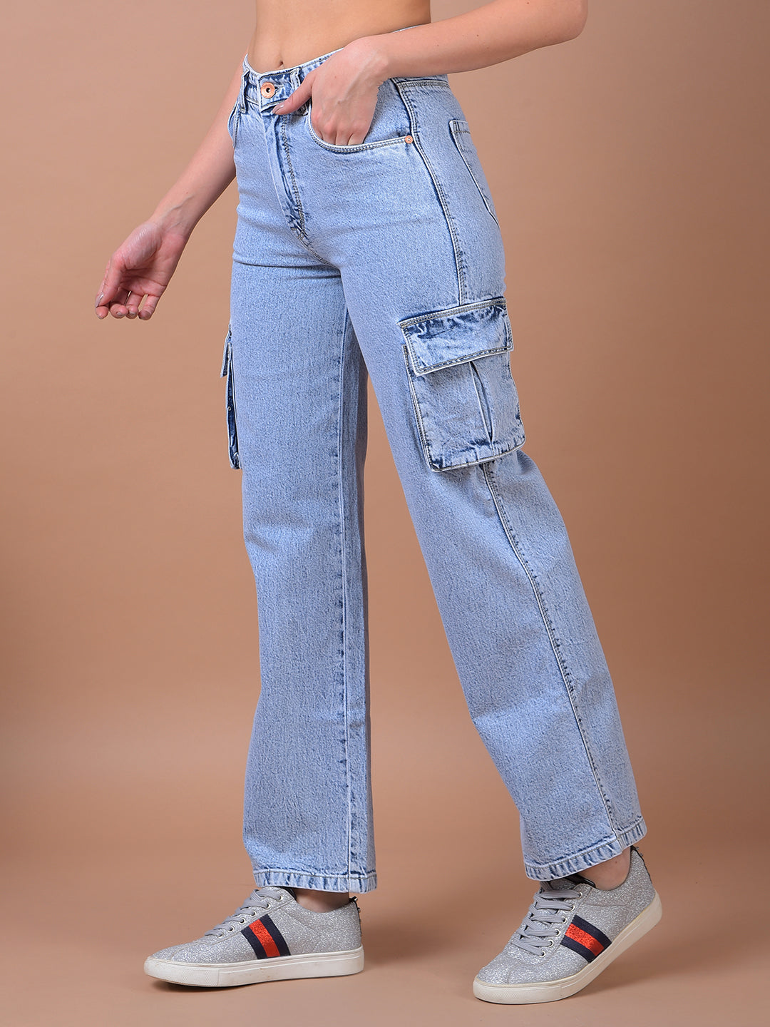 Blue Wide Leg 100% Cotton Cargo Jeans