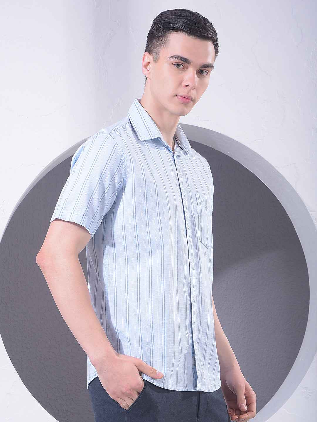 Blue Vertical Striped 100% Cotton Shirt
