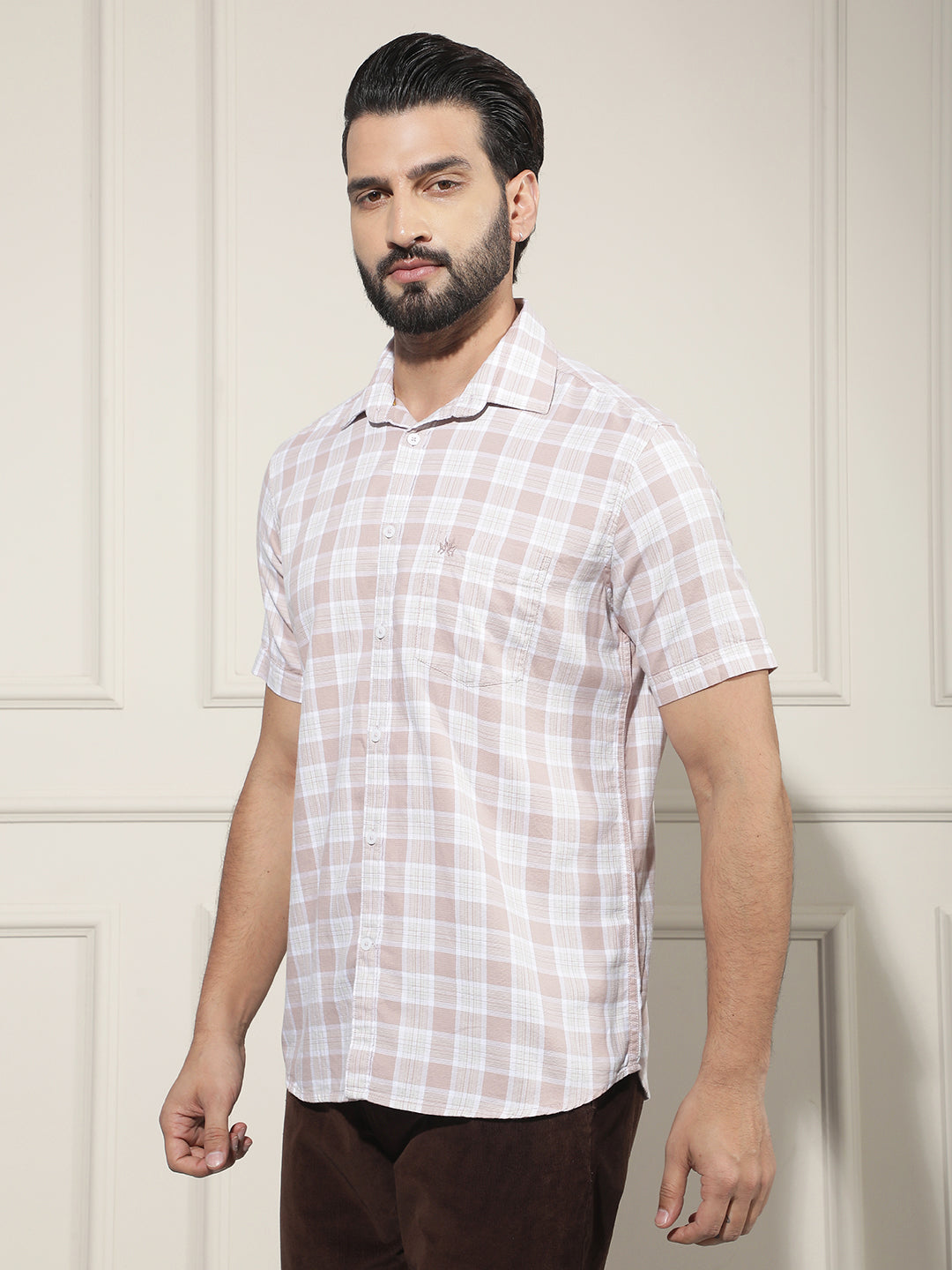 Peach Checked 100% Cotton Shirt