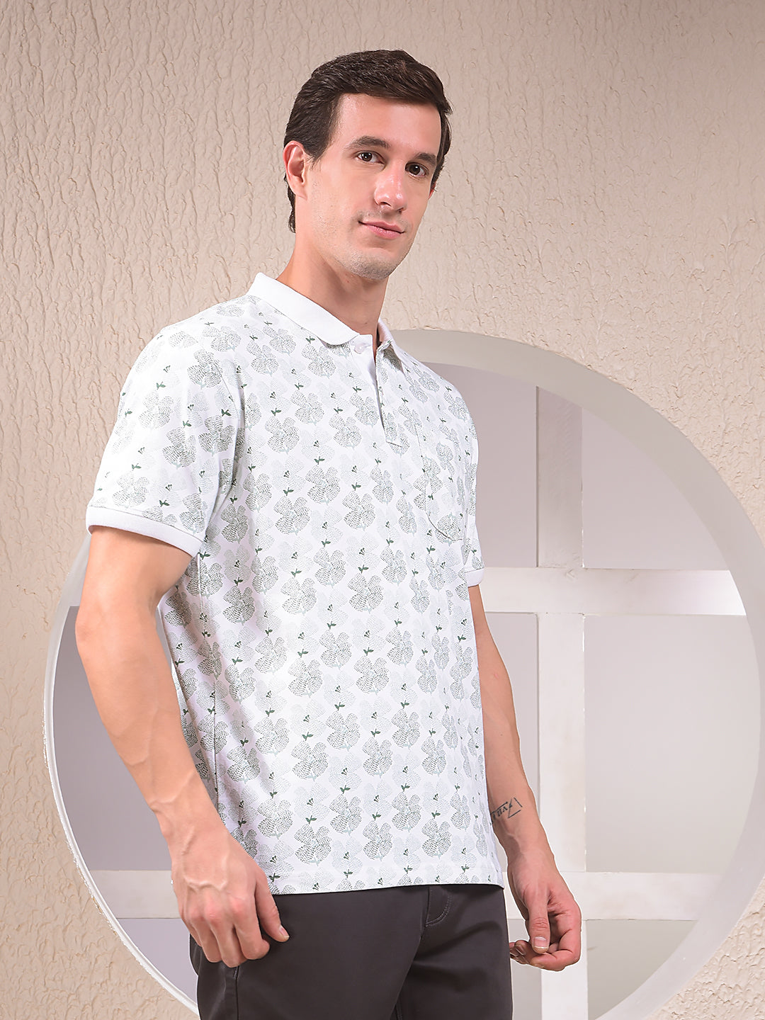 Green Floral Print Polo Neck T-Shirt