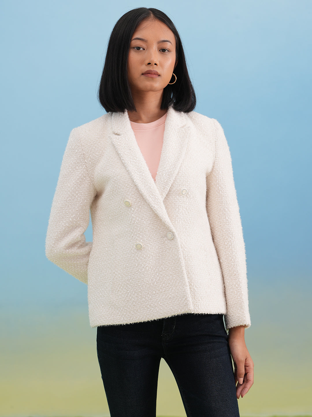 White Jacquard Notched-Lapel Coat